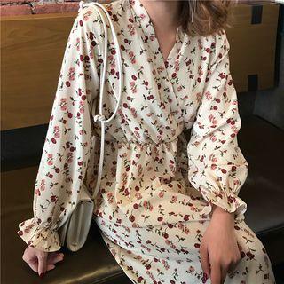Long-sleeve Floral Print A-line Midi Dress As Shown In Figure - One Size