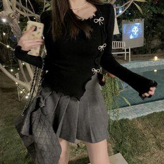 Long-sleeve Bow-accent Knit Top Black - One Size