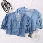 Square-neck Double-breasted Denim Crop Blouse