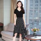 Set: Short-sleeve V-neck T-shirt + Dotted Midi A-line Skirt