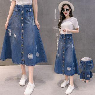 Distressed Front Button Washed Denim A-line Midi Skirt