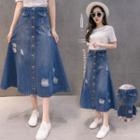 Distressed Front Button Washed Denim A-line Midi Skirt