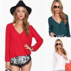 V-neck Long-sleeve Chiffon Top
