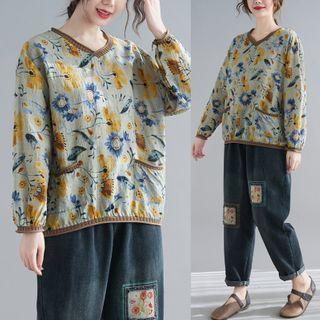 Long-sleeve Floral Print T-shirt Green - One Size