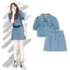 Puff-sleeve Denim Shirt / A-line Skirt