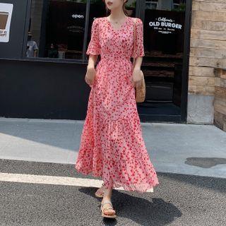 Short-sleeve Heart Print Maxi A-line Dress
