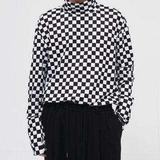 Long-sleeve Turtleneck Plaid Top