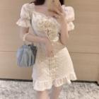 Lace-up Short-sleeve Lace Mini Dress