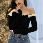 Long-sleeve Off-shoulder Bow-accent Top Black - One Size