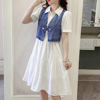 Set: Short-sleeve A-line Dress + Denim Vest