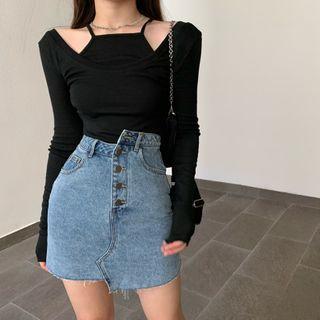 Mock Two-piece Top / Denim Mini Skirt