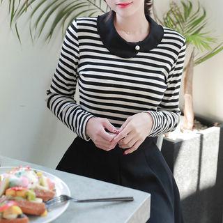 Peter Pan-collar Stripe Top Black - One Size