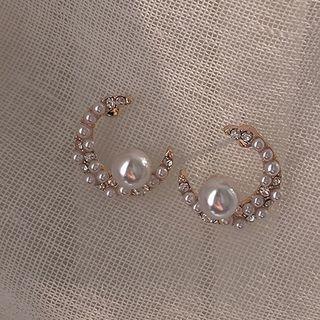 Rhinestone Faux Pearl Open Hoop Earring 1 Pair - 925 Silver - One Size