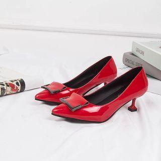 Buckled Patent Kitten-heel Pumps