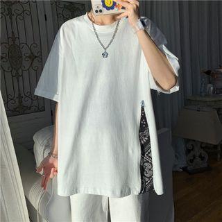 Short-sleeve Zip Paisley Print Panel T-shirt