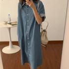 Elbow-sleeve Midi A-line Denim Shirt Dress Blue - One Size