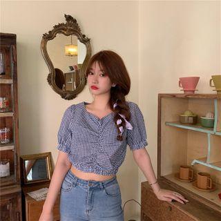 Puff-sleeve Plaid Crop Top Plaid - Blue - One Size