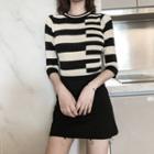 3/4 Sleeve Contrast Color Block Rib Knit Top