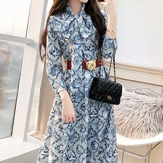 Bow Accent Printed 3/4-sleeve Midi Dress