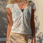 See Through Lace V Neck Short Sleeve Top