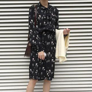 Floral Printed Long-sleeve Midi Shirt Dress