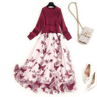 Long-sleeve Butterfly Print Maxi A-line Dress