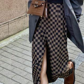High Waist Split Plaid Midi A-line Skirt