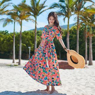 Patterned Elbow-sleeve Tie-waist Dress As Shown In Figure - One Size