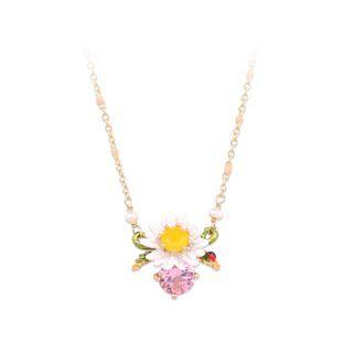 Fashion Elegant Plated Gold Enamel Flower Pink Cubic Zirconia Necklace Golden - One Size