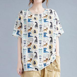 Elbow-sleeve Animal Print Top White - One Size