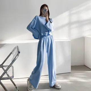 Set: Drop-shoulder Cropped Top + Band-waist Pants
