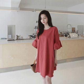 Ruffle-sleeve Linen Blend Shift Dress
