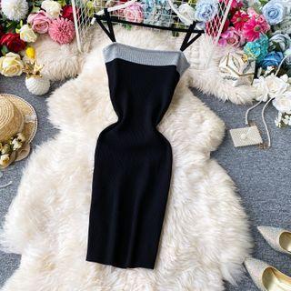 Color-block Off-shoulder Knit Spaghetti-strap Knit Dress