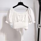 Puff Short-sleeve Off-shoulder Bow Cut-out Top