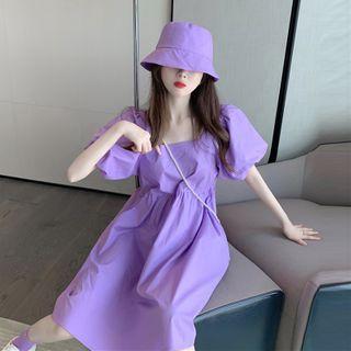 Set: Square-neck Puff-sleeve Mini A-line Dress + Bucket Hat