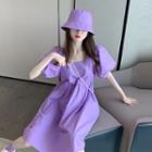 Set: Square-neck Puff-sleeve Mini A-line Dress + Bucket Hat