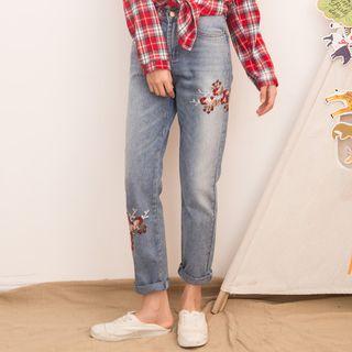 Flower Embroidered Straight Cut Jeans