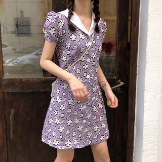Floral Short-sleeve Slim-fit Dress Purple - One Size