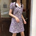 Floral Short-sleeve Slim-fit Dress Purple - One Size