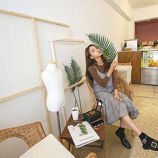Spaghetti-strap Glen-plaid Long Dress