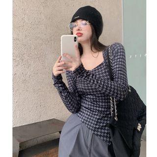 Long-sleeve Houndstooth Slim-fit Top Gray - One Size