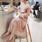 Ruffle Trim Long-sleeve Midi Lace Dress