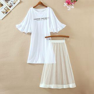 Round-neck Bell-sleeve T-shirt + Mesh Skirt Set
