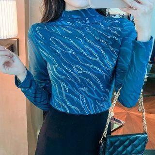 Long-sleeve Mock-neck Rhinestone Mesh Top
