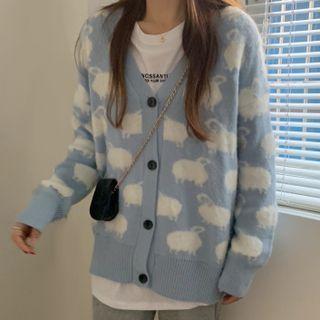 V-neck Sheep Print Cardigan Blue - One Size
