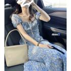 Puff-sleeve Floral Midi A-line Dress Light Yellow Floral - Blue - One Size