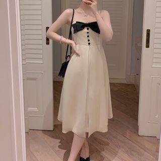 Short-sleeve Bow Midi A-line Dress / Strappy Dress