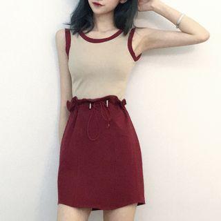 Piped Scoop-back Tank Top / Drawstring Waist Skirt