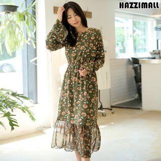 Flare-cuff Floral Pattern Long Dress