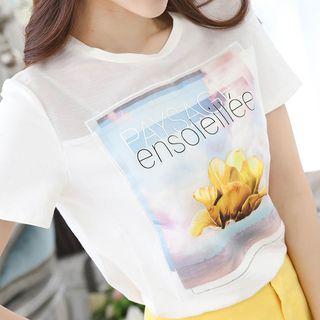 Mesh Trim Printed Short Sleeve T-shirt